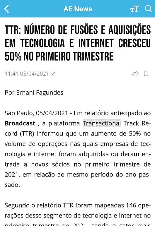 TTR: Nmero de fuses e aquisies em tecnologia e internet cresceu 50% no primeiro trimestre